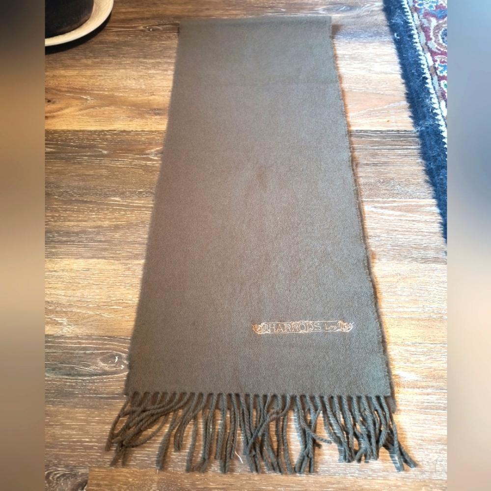 Vintage Harrods Scarf Lambswool Gray Taupe Scarf Fringe